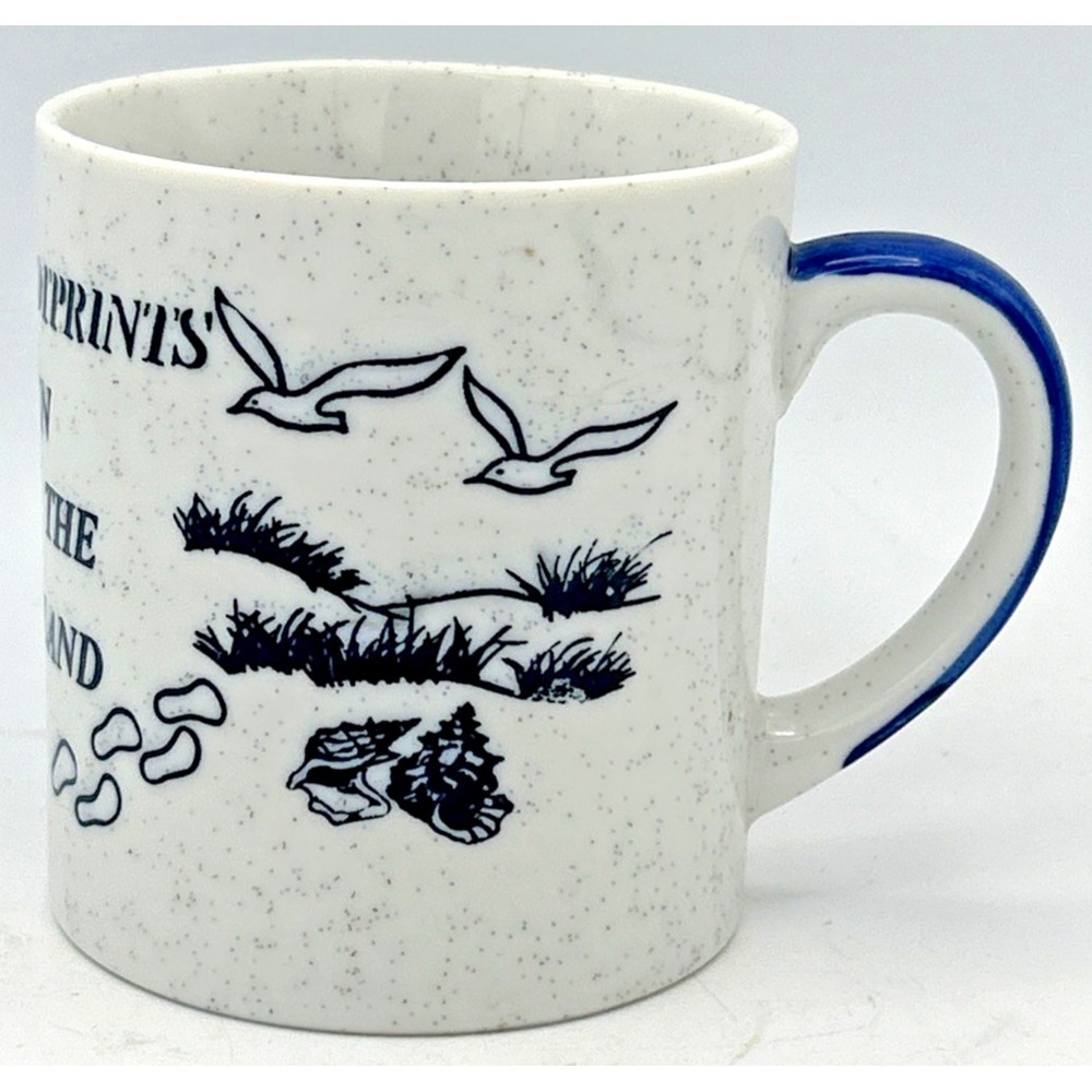 FOOTPRINTS IN THE SAND  Blue/White Speckled Ceramic COFFEE CUP MUG EUC 10 FL OZ